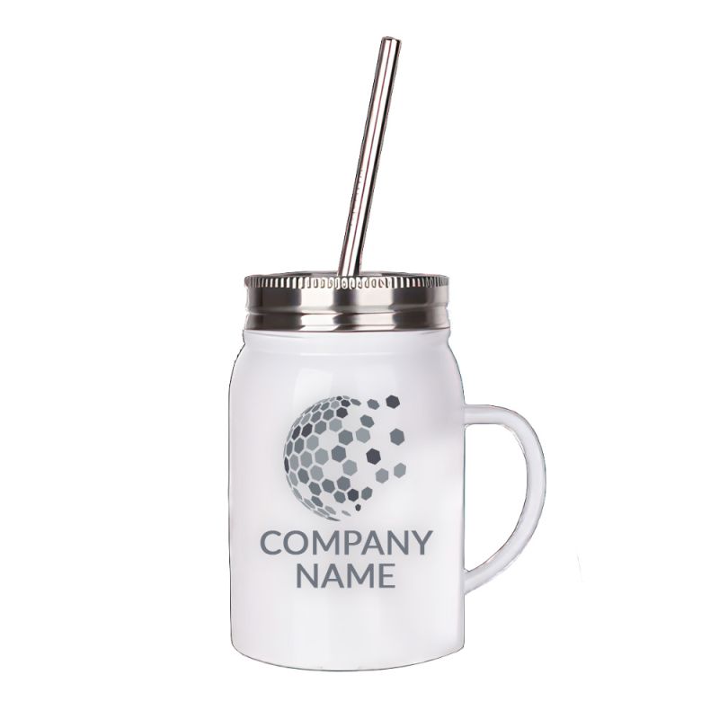 Promotional 17oz Stainless Steel Jar with lid and straw